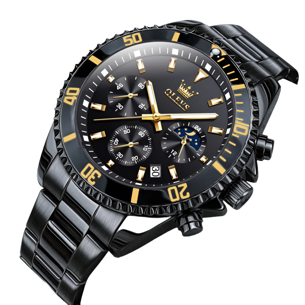 Waterproof Moon Phase Quartz Wristwatch - All Black-0