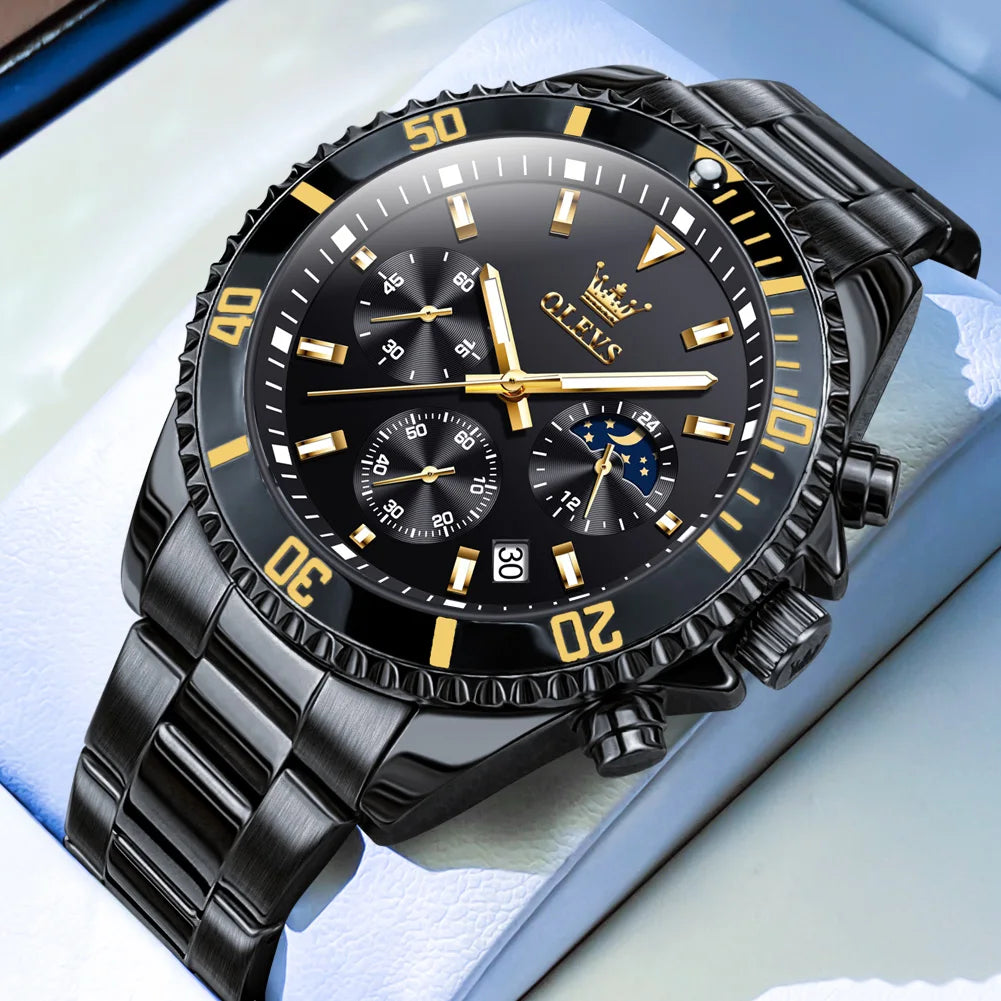 Waterproof Moon Phase Quartz Wristwatch - All Black-1