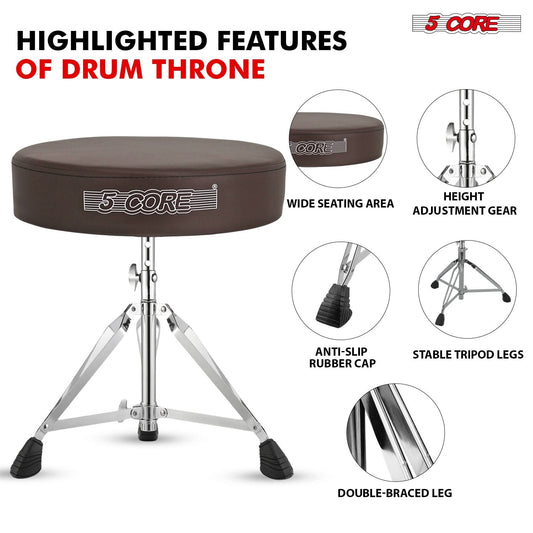 5Core Drum Throne Padded Adjustable Guitar Stool Drummer Seat for Adults & Kids BROWN by 5 Core