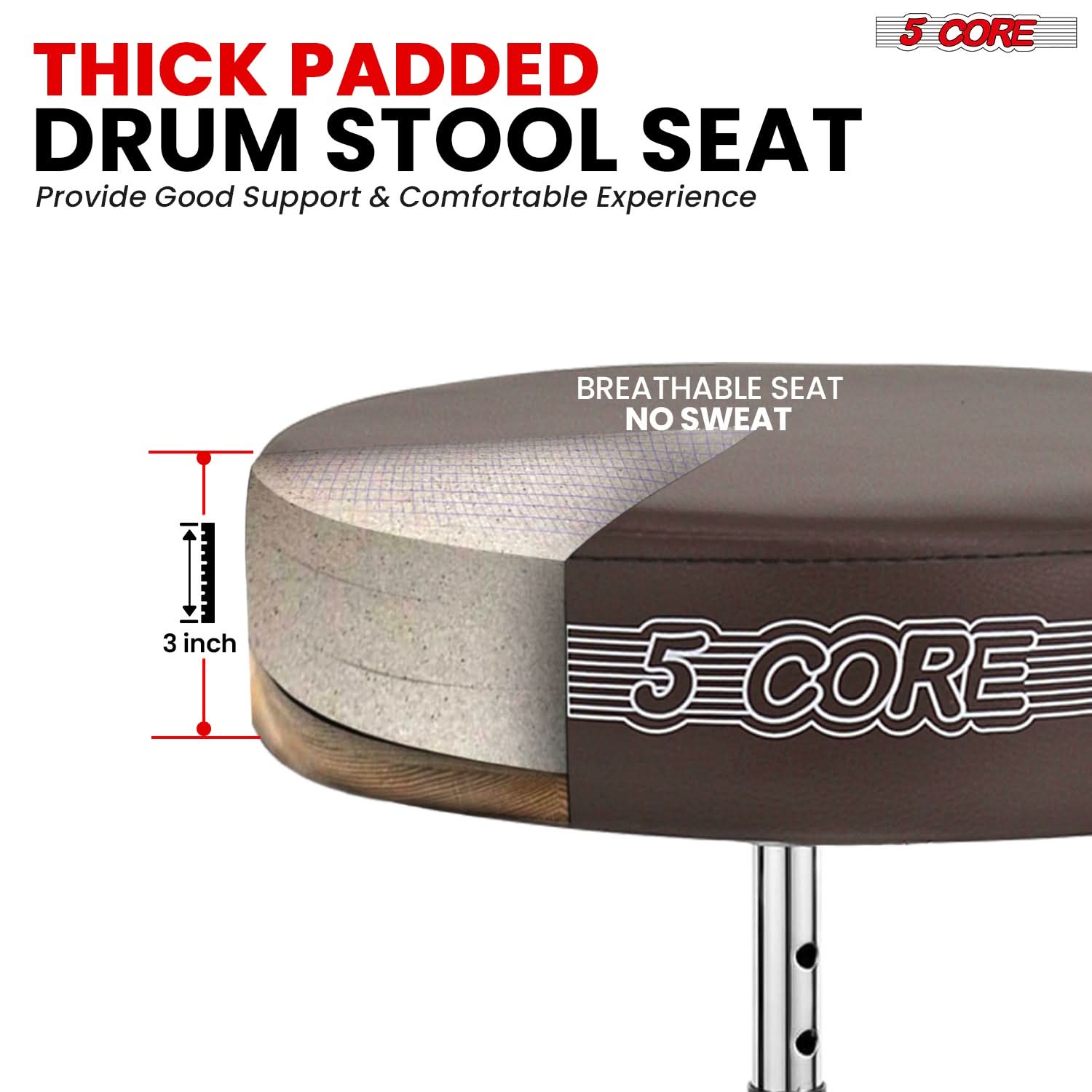 5Core Drum Throne Padded Adjustable Guitar Stool Drummer Seat for Adults & Kids BROWN by 5 Core