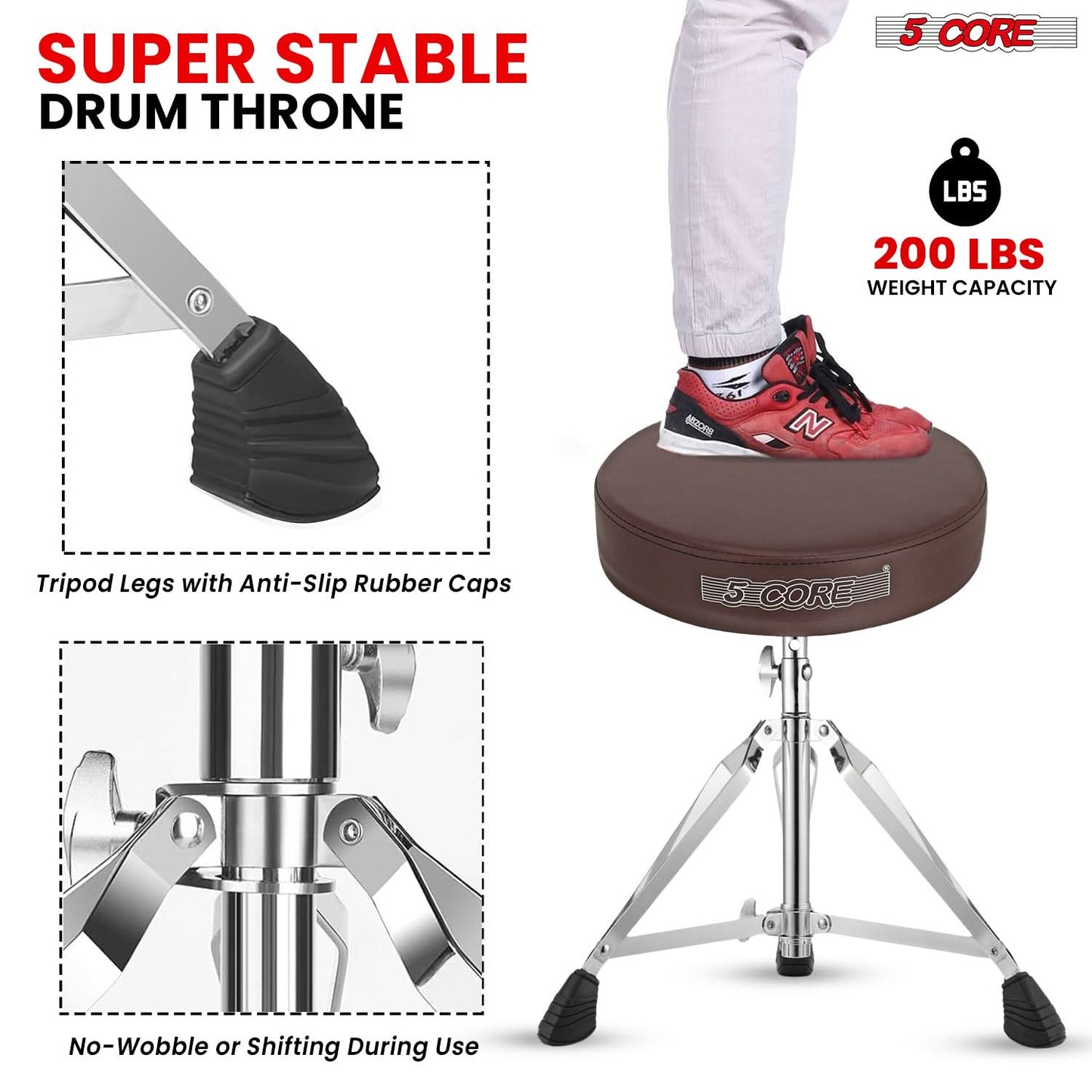 5Core Drum Throne Padded Adjustable Guitar Stool Drummer Seat for Adults & Kids BROWN by 5 Core