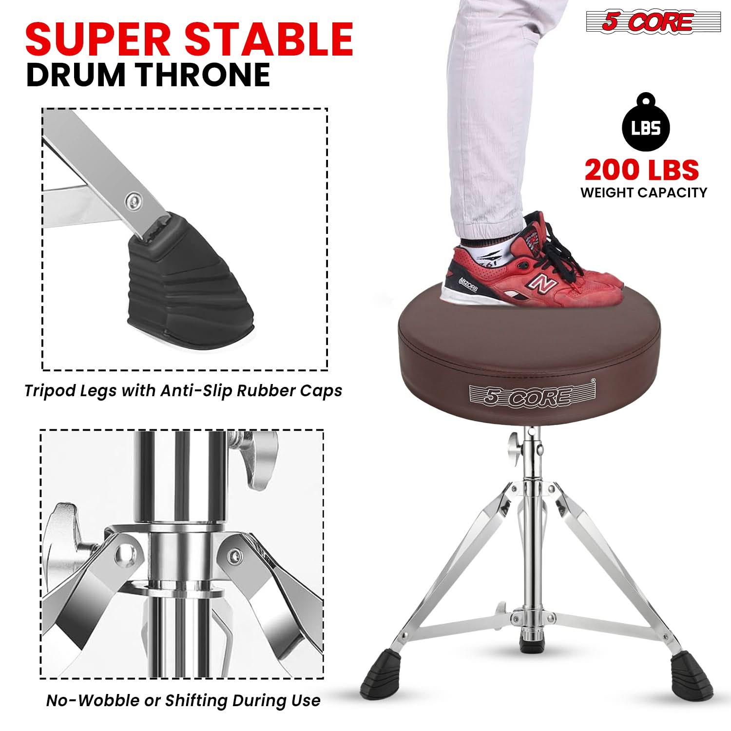 5Core Drum Throne Padded Adjustable Guitar Stool Drummer Seat for Adults & Kids BROWN by 5 Core