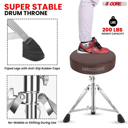 5Core Drum Throne Padded Adjustable Guitar Stool Drummer Seat for Adults & Kids BROWN by 5 Core