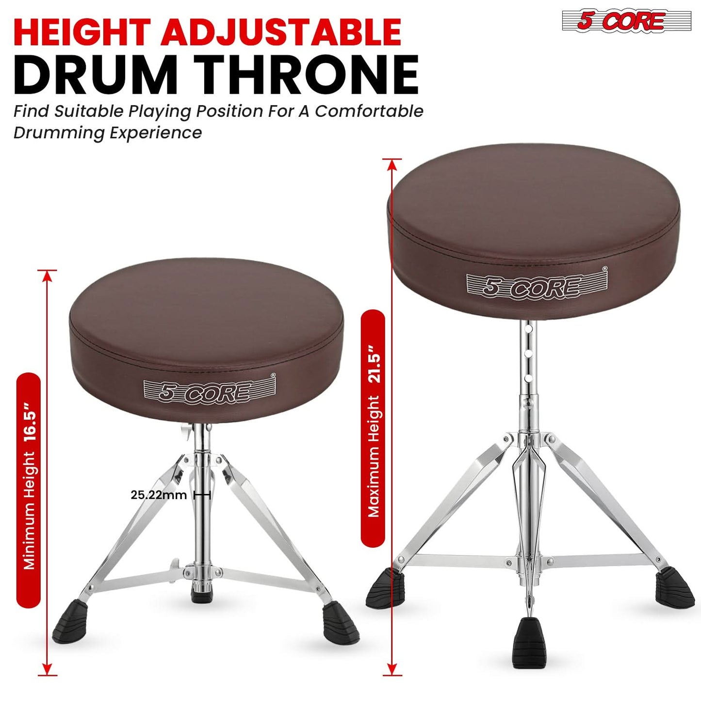 5Core Drum Throne Padded Adjustable Guitar Stool Drummer Seat for Adults & Kids BROWN by 5 Core