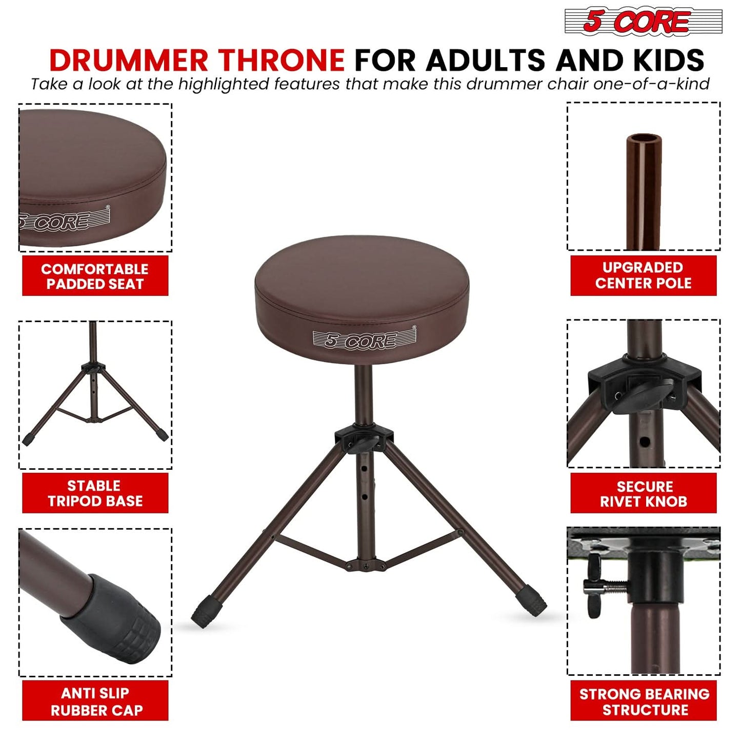 5 Core Drum Throne 3" Thick Padded Comfortable Guitar Stool Drummer Chair Adjustable Musician Seat by 5 Core