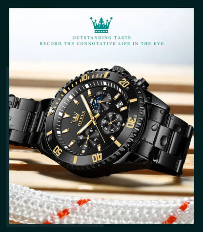 Waterproof Moon Phase Quartz Wristwatch - All Black-2