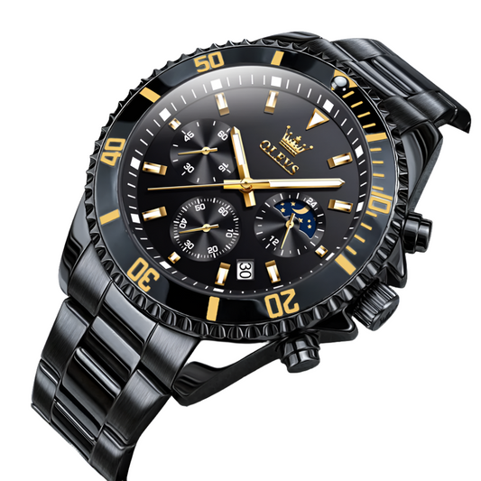 Waterproof Moon Phase Quartz Wristwatch - All Black-0